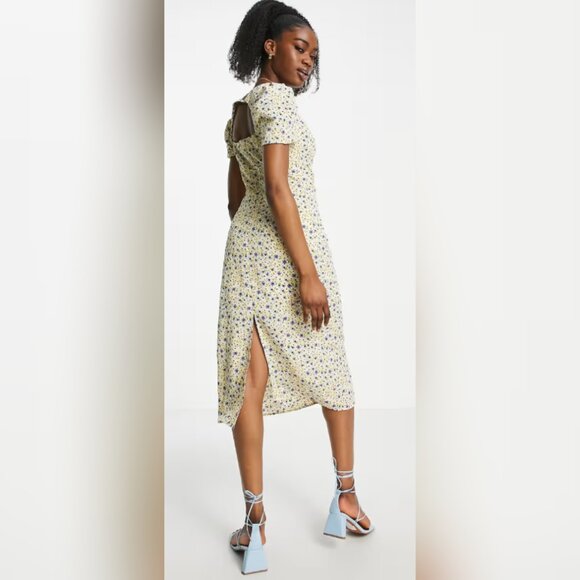 Urban Revivo Ruched Yellow Floral Midi Dress - Picture 3 of 5